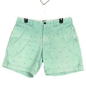 J Crew Dock Short Men 33 Green 7 Inch Inseam Anchor Print Casual Summer Nautical